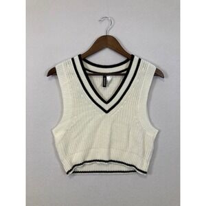 H&M Divided Sweater Vest Womens Small White Black V-Neck Cropped‎ Preppy Knit